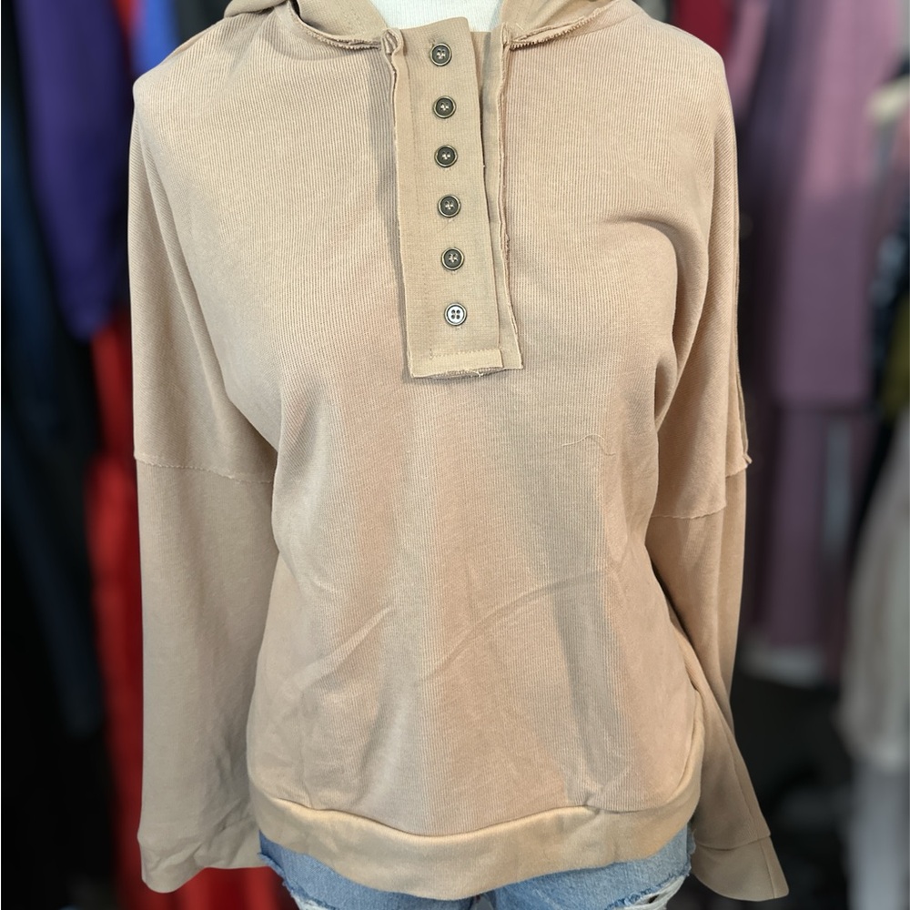 Casual Tan Button-Up Women's Hoodie